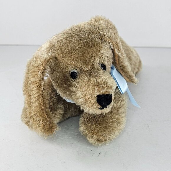 Vintage Steiff Mohair Dachshund Puppy Bazi Dog Lying Down Blue Ribbon Plush - Picture 2 of 10